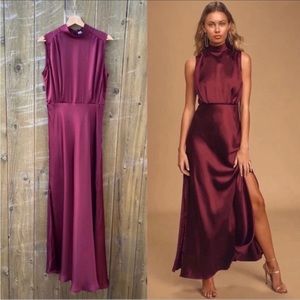 Classy Wine Burgundy Satin Mock Neck Maxi Dress 🌿